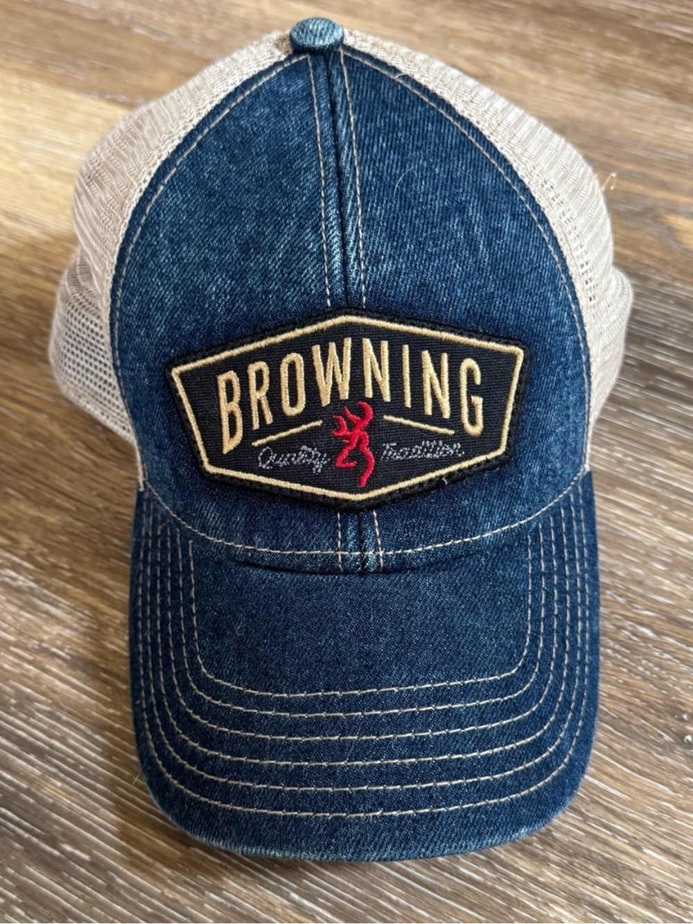 Browning Blue Denim and Tan Mesh Cap with Red Logo Patch